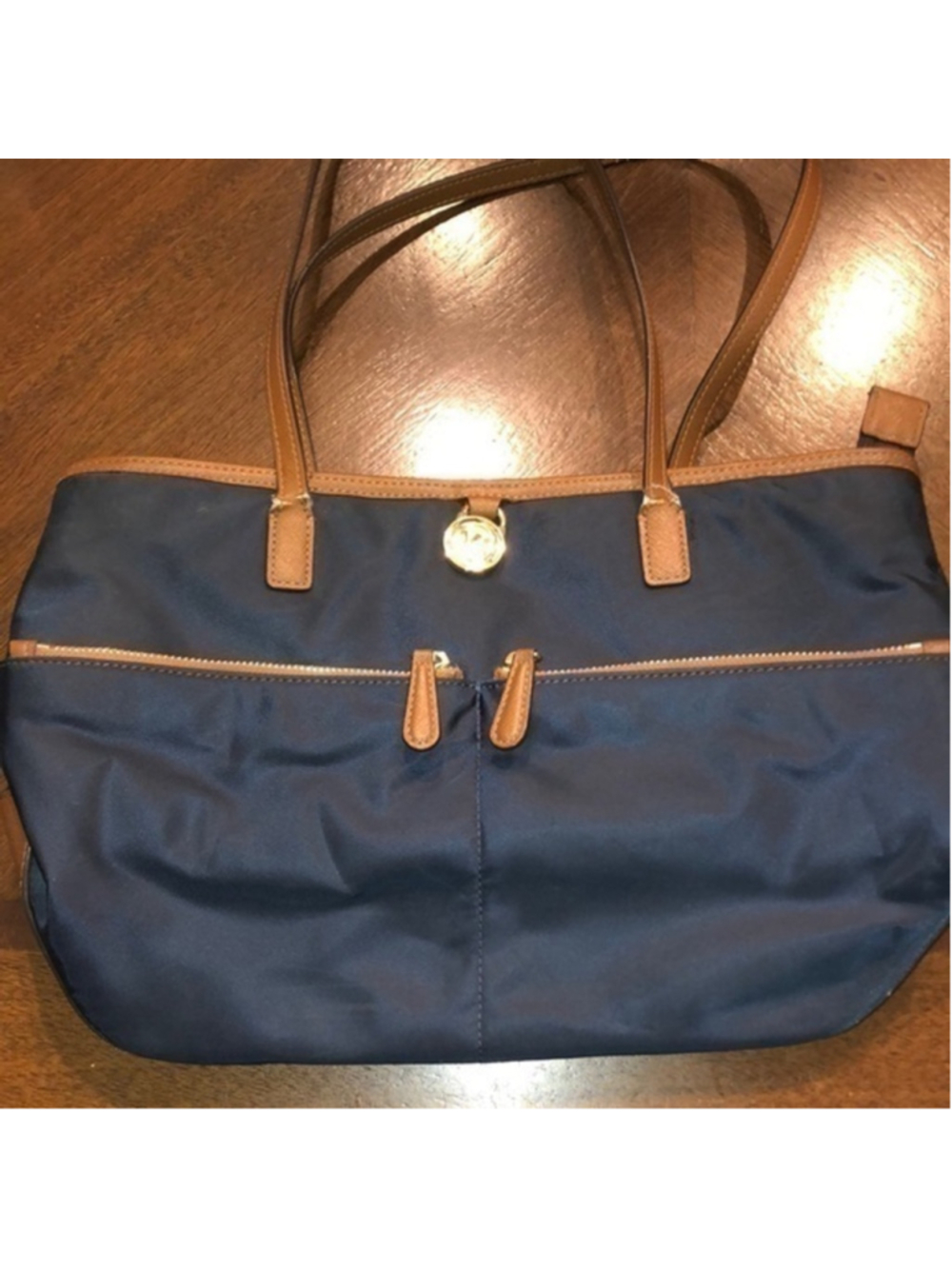 Michael Kors Navy Blue & Brown Nylon Polyester Purse Shoulder Bag Handbag